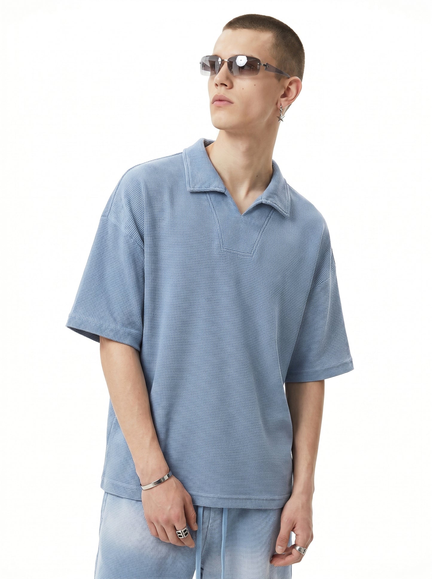 Men's Diamond Pattern Waffle Knit Polo Shirt