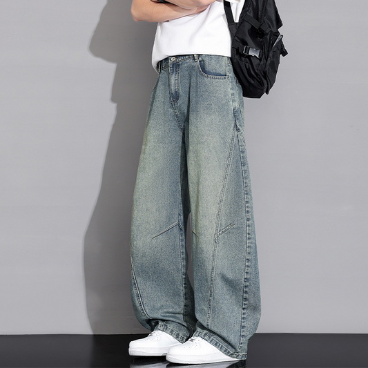 Men's Summer Thin Loose Straight Leg Jeans with Curved Edge Design, Made of Breathable Cotton