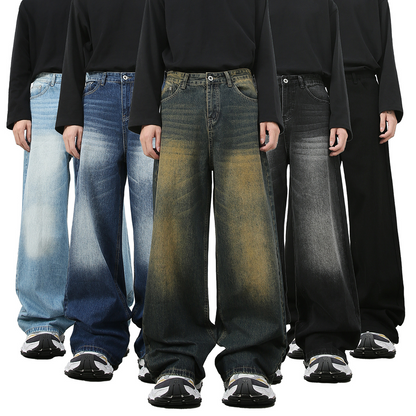 Denim Retro Denim Jeans Men's Washed Loose Fit Versatile Casual Straight Leg Wide Leg Pants