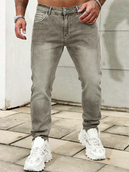 Hot-selling Men's Slim Fit Straight Leg Jeans in Dark Brown with Personalized Leather Patch Design