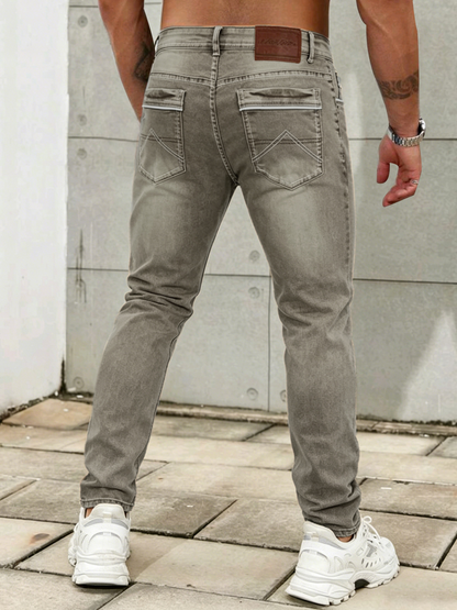 Hot-selling Men's Slim Fit Straight Leg Jeans in Dark Brown with Personalized Leather Patch Design