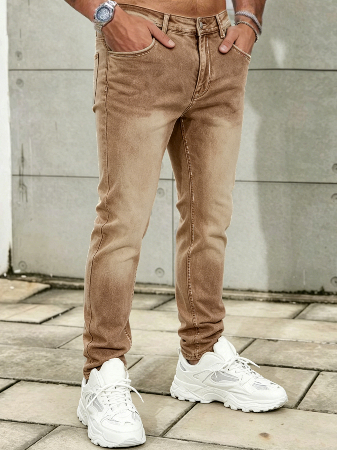 Hot-selling Men's Slim Fit Straight Leg Jeans in Dark Brown with Personalized Leather Patch Design