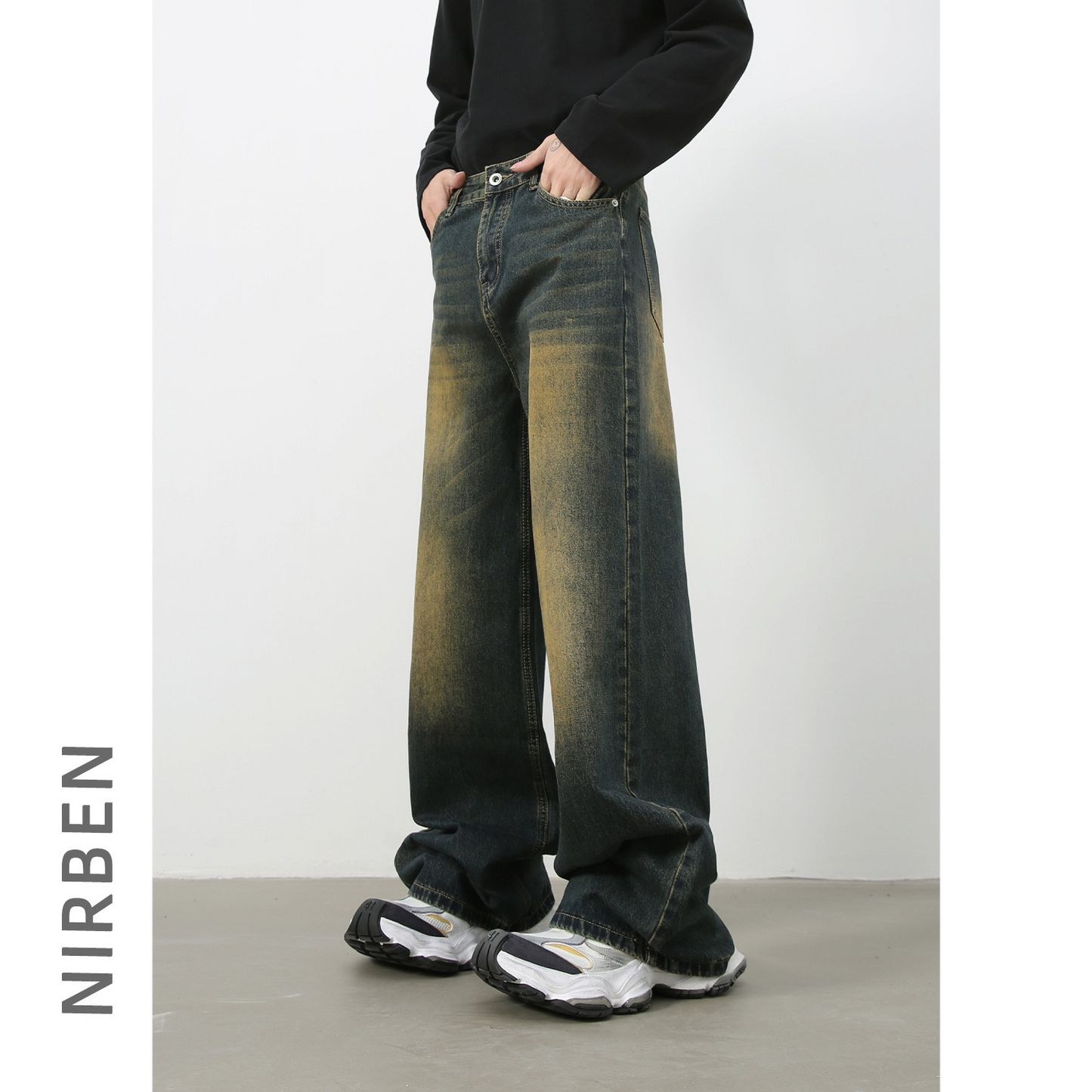 Denim Retro Denim Jeans Men's Washed Loose Fit Versatile Casual Straight Leg Wide Leg Pants