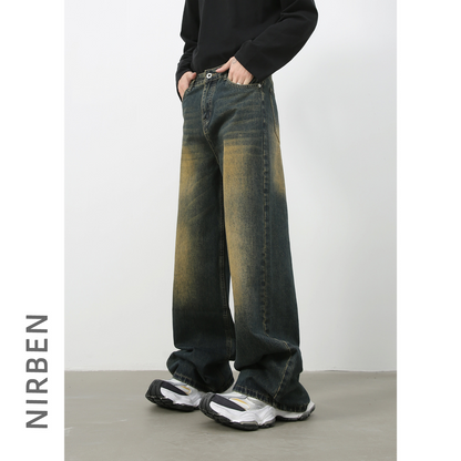 Denim Retro Denim Jeans Men's Washed Loose Fit Versatile Casual Straight Leg Wide Leg Pants