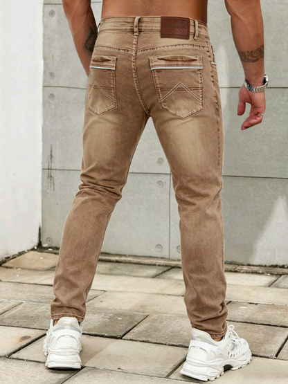 Hot-selling Men's Slim Fit Straight Leg Jeans in Dark Brown with Personalized Leather Patch Design