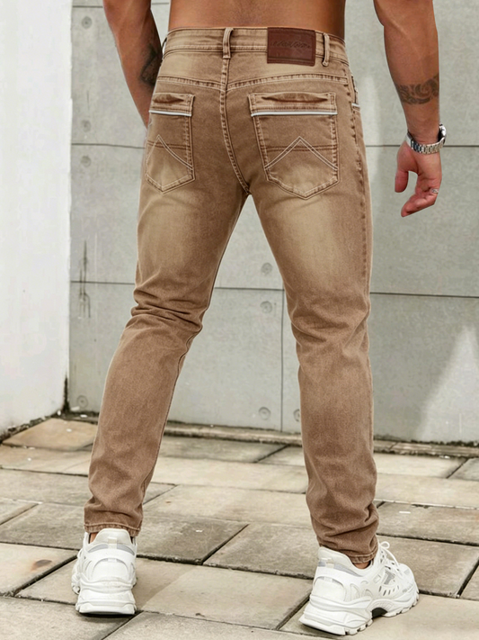 Men's Slim Fit Straight Leg Jeans in Dark Brown with Retro Design