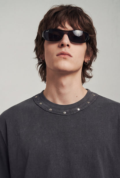 Men's Retro Washed Crew Neck Studded T-Shirt