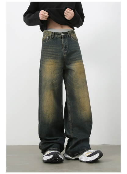 Denim Retro Denim Jeans Men's Washed Loose Fit Versatile Casual Straight Leg Wide Leg Pants