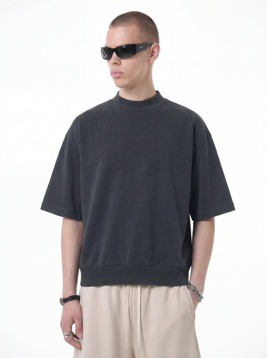 Men's T-shirt solid color loose half high neck, shoulder shape, mid sleeve