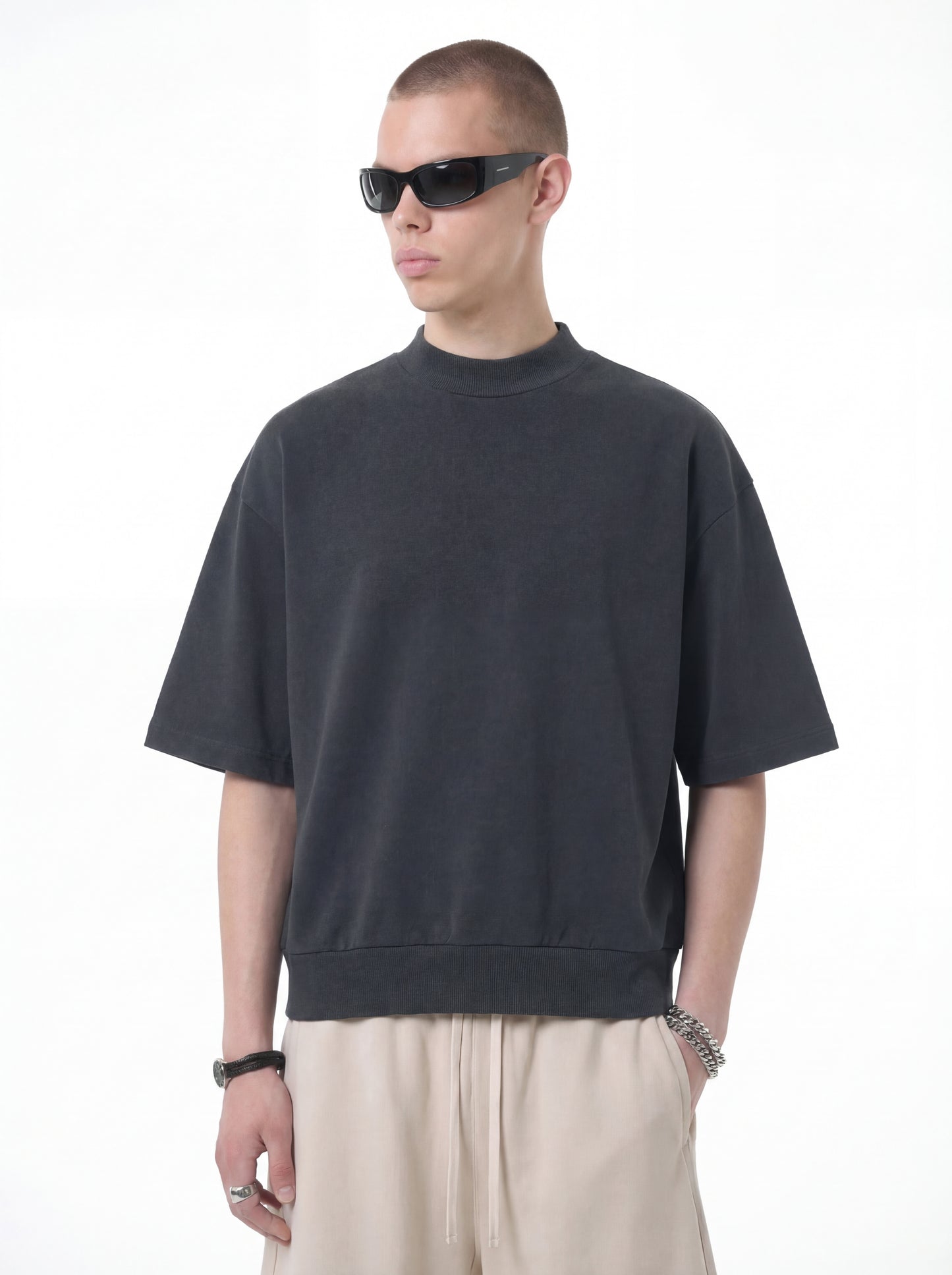 Men's T-shirt casual solid color loose half high neck shoulder silhouette mid sleeve