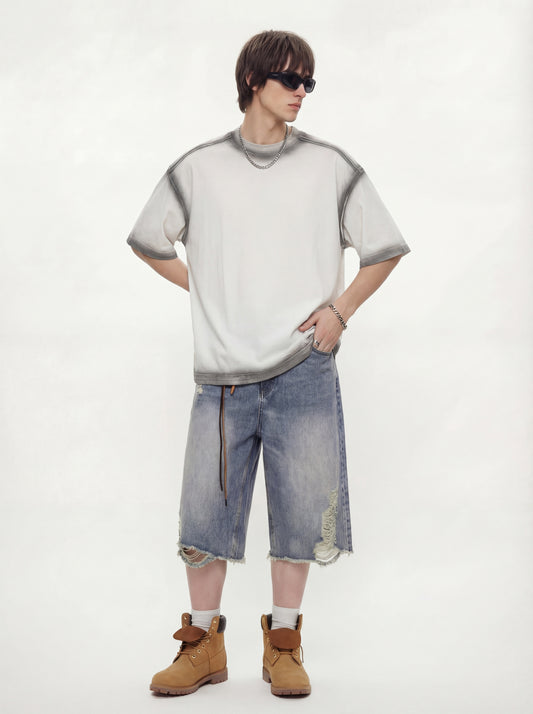 Men's T-shirt, casual style, spray painted, washed with water, used T-shirt, washed with water T-shirt