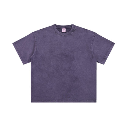 Men's T-shirt, casual solid color, high street wax printed water washed T-shirt