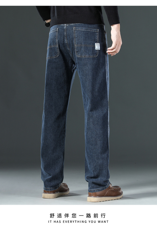 New elastic jeans for men, loose straight leg, spring/summer casual oversized pants