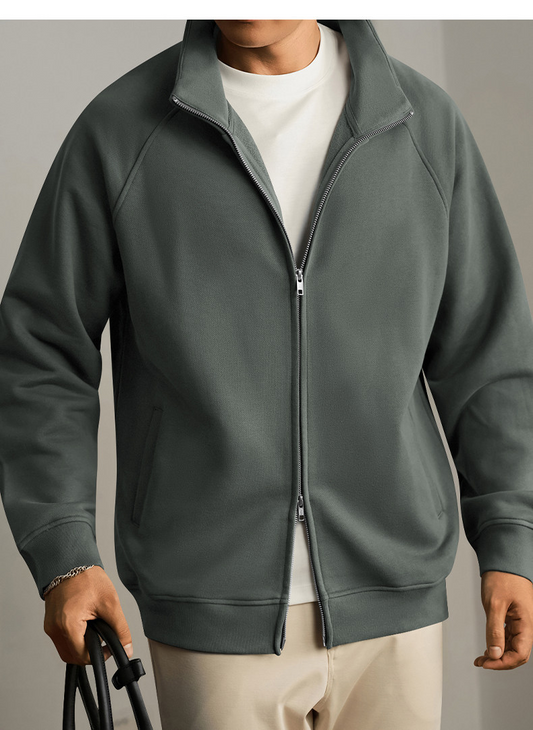 Men's new loose casual warm solid color double zipper jacket