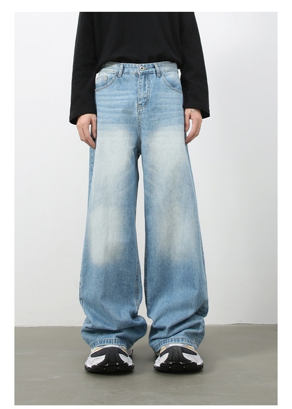 Denim Retro Denim Jeans Men's Washed Loose Fit Versatile Casual Straight Leg Wide Leg Pants