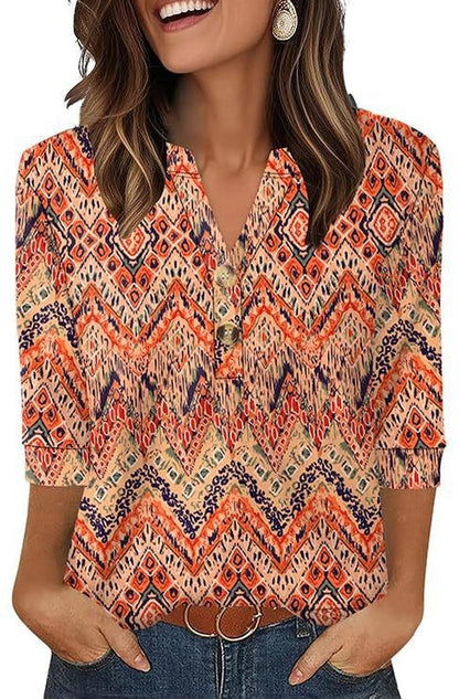 26BB Western-Style Women's Plus-Size Knitted T-Shirt — Loose Fit, V-Neck, Button Details, 3/4 Sleeves