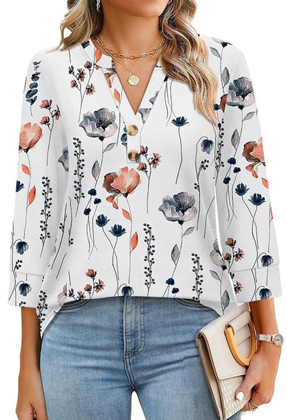 26BB Western-Style Women's Plus-Size Knitted T-Shirt — Loose Fit, V-Neck, Button Details, 3/4 Sleeves