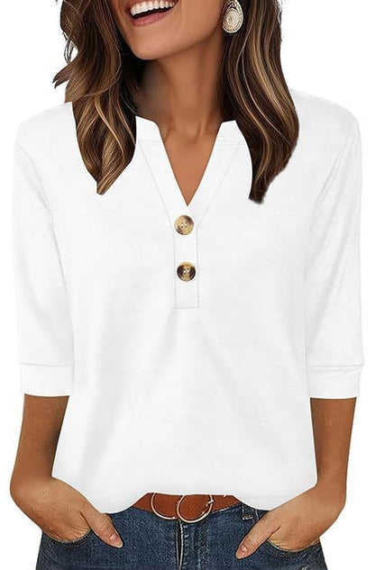 26BB Western-Style Women's Plus-Size Knitted T-Shirt — Loose Fit, V-Neck, Button Details, 3/4 Sleeves