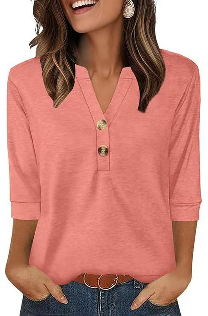 26BB Western-Style Women's Plus-Size Knitted T-Shirt — Loose Fit, V-Neck, Button Details, 3/4 Sleeves