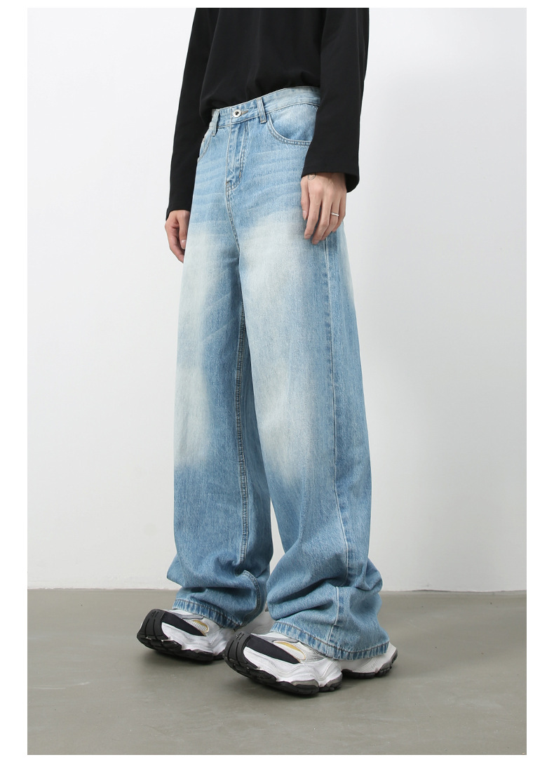 Denim Retro Denim Jeans Men's Washed Loose Fit Versatile Casual Straight Leg Wide Leg Pants