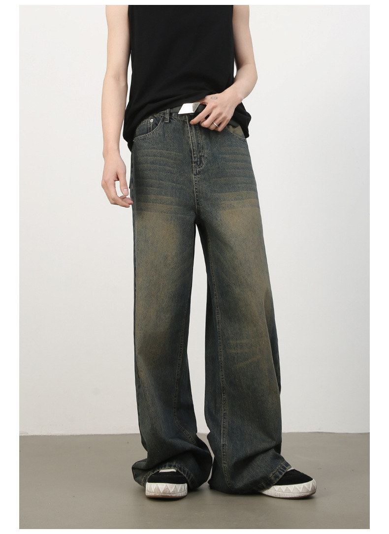Denim Retro Denim Jeans Men's Washed Loose Fit Versatile Casual Straight Leg Wide Leg Pants