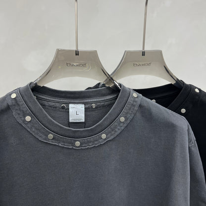 Men's Retro Washed Crew Neck Studded T-Shirt