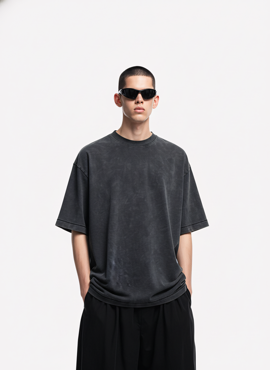 Men's T-shirt hem jumping feet, washed with water, wax printed, versatile round neck