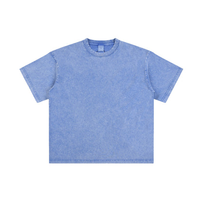 Men's T-shirt, casual solid color, high street wax printed water washed T-shirt