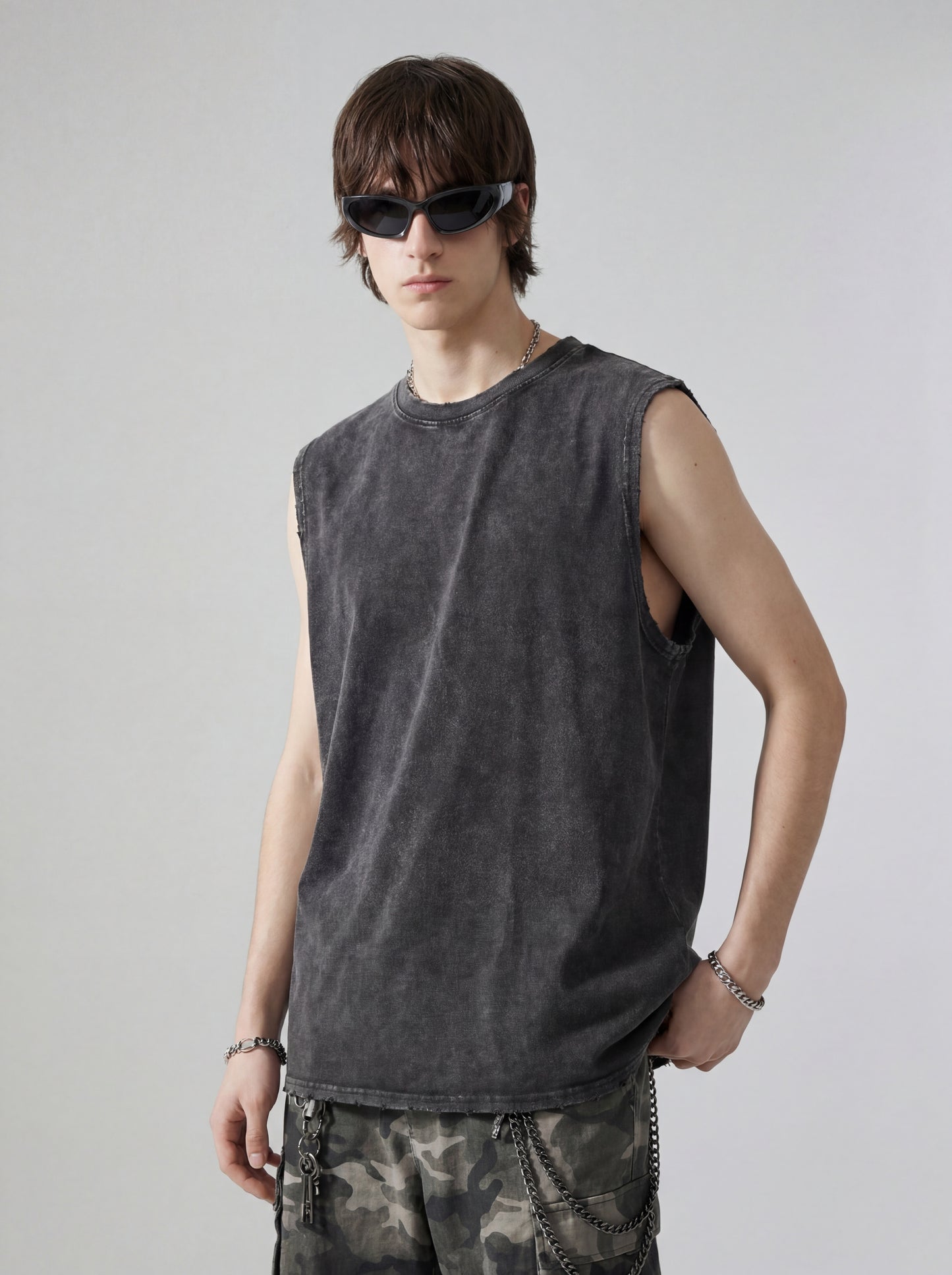 Men's T-shirt with distressed batik and frayed edges, vest
