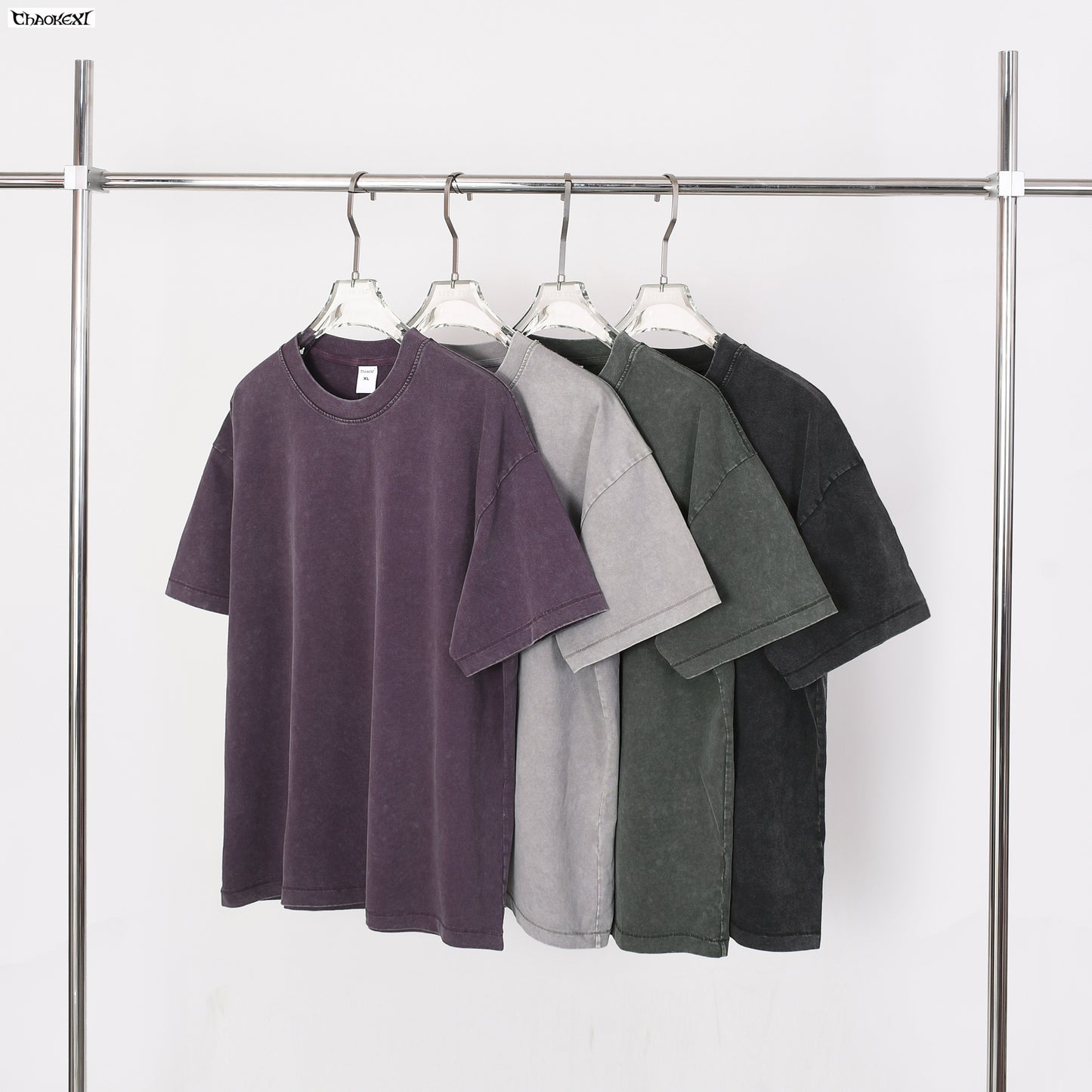 Men's T-shirt hem jumping feet, washed water wax printed short sleeved print, versatile round neck