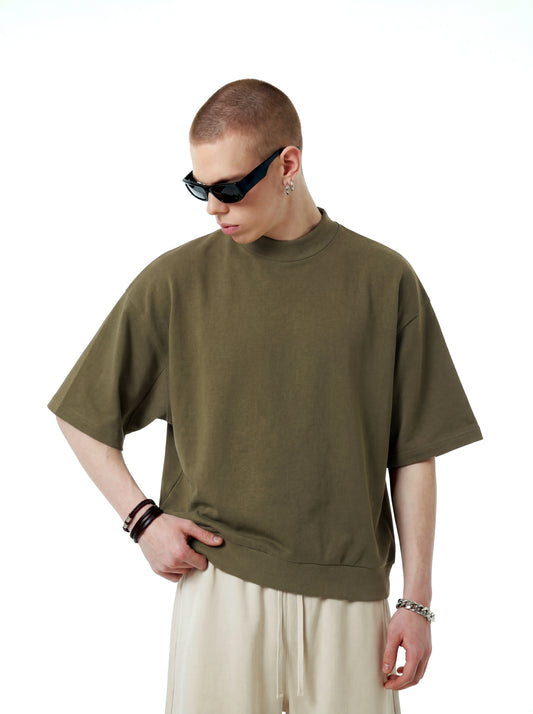 Men's T-shirt casual solid color loose half high neck shoulder silhouette mid sleeve