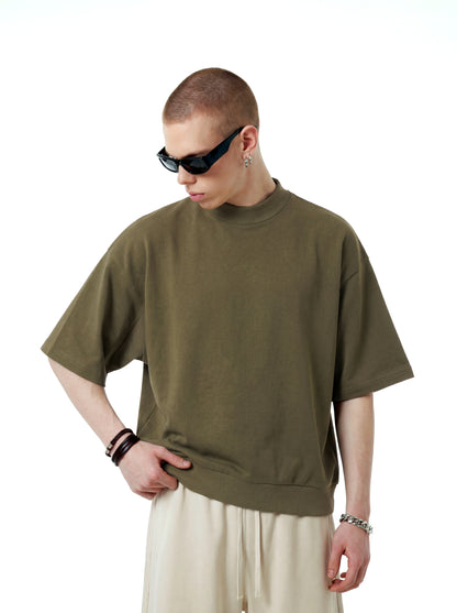 Men's T-shirt casual solid color loose half high neck shoulder silhouette mid sleeve