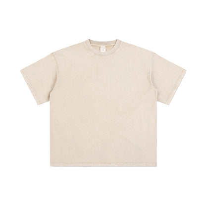 Men's T-shirt, casual solid color, high street wax printed water washed T-shirt