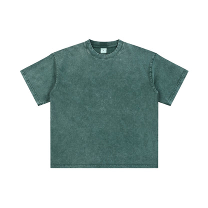 Men's T-shirt, casual solid color, high street wax printed water washed T-shirt