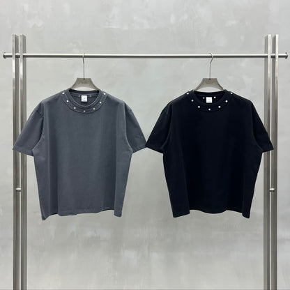 Men's Retro Washed Crew Neck Studded T-Shirt