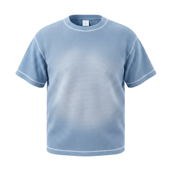 Men's Waffle-Knit T-Shirt with Contrast Topstitching, Monkey-Wash Gradient, and Spray Effect