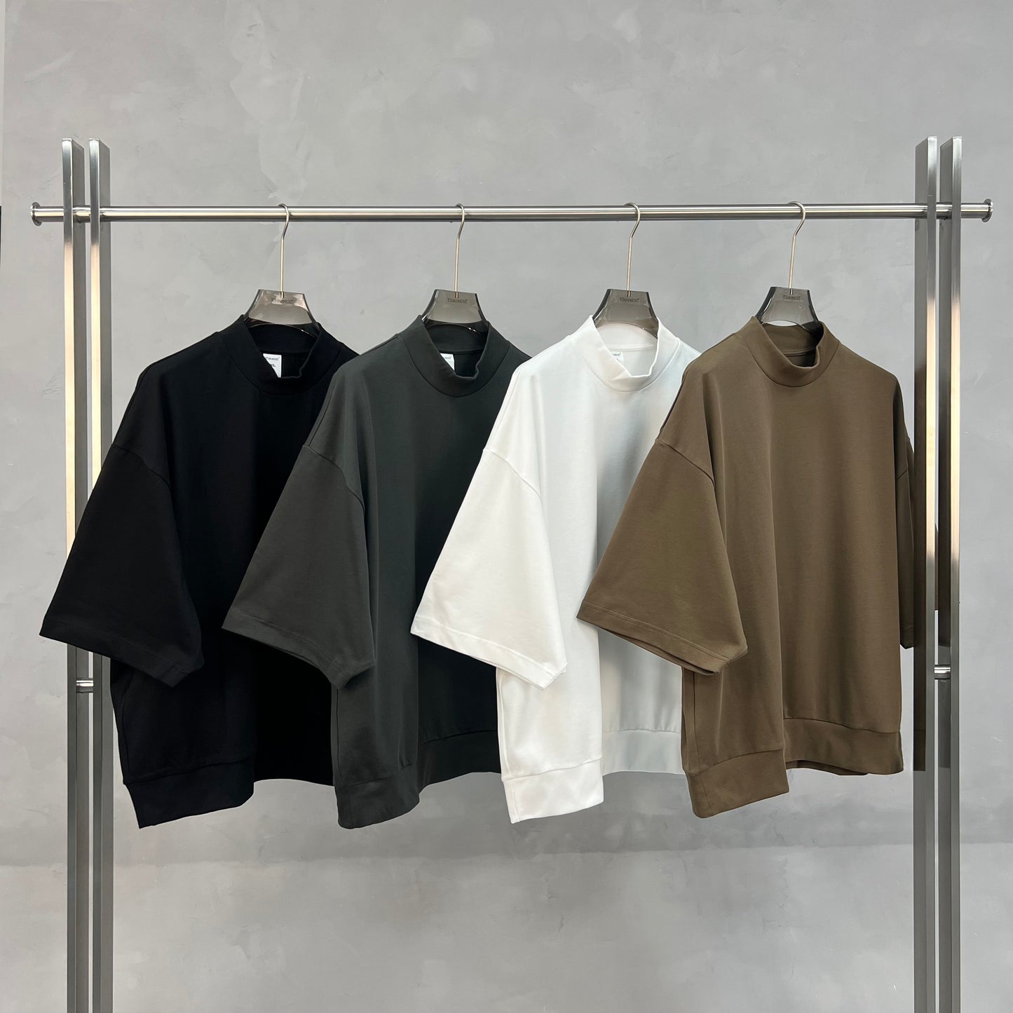 Men's T-shirt casual solid color loose half high neck shoulder silhouette mid sleeve