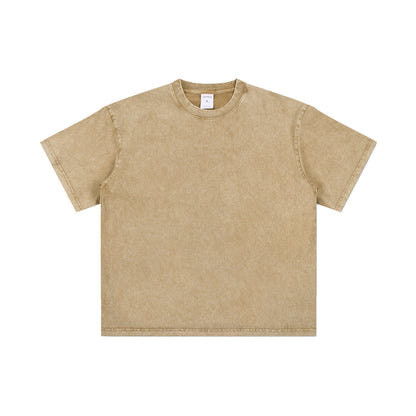 Men's T-shirt, casual solid color, high street wax printed water washed T-shirt