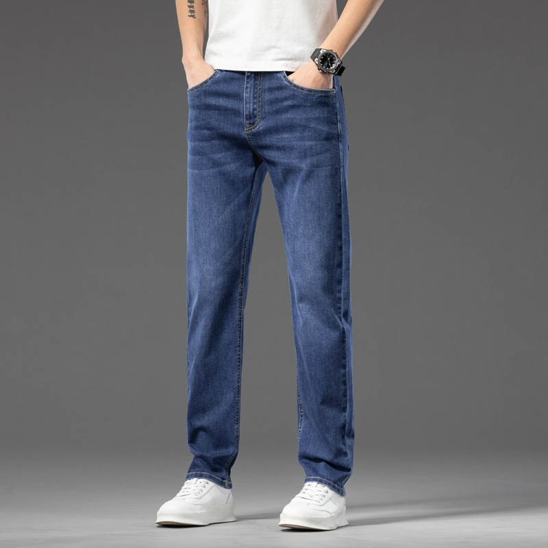 Trendy cotton casual straight leg jeans for men, 2026 new summer style, fashionable and versatile, loose fit, light color.