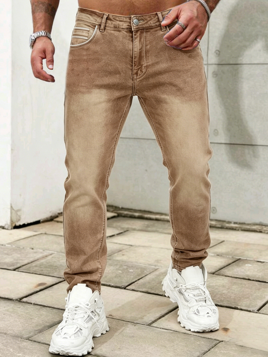 Hot-selling Men's Slim Fit Straight Leg Jeans in Dark Brown with Personalized Retro Design