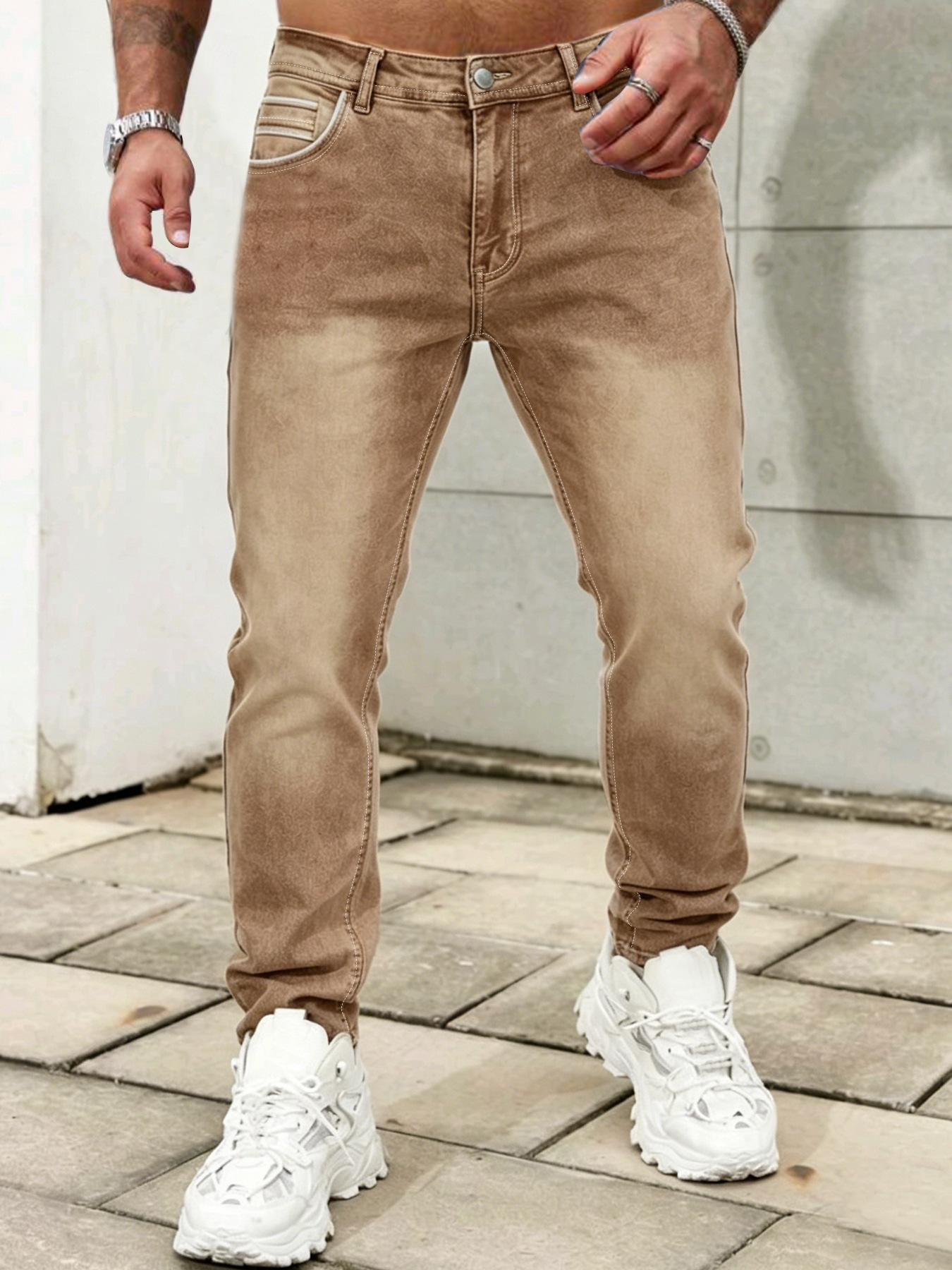 Hot-selling Men's Slim Fit Straight Leg Jeans in Dark Brown with Personalized Leather Patch Design