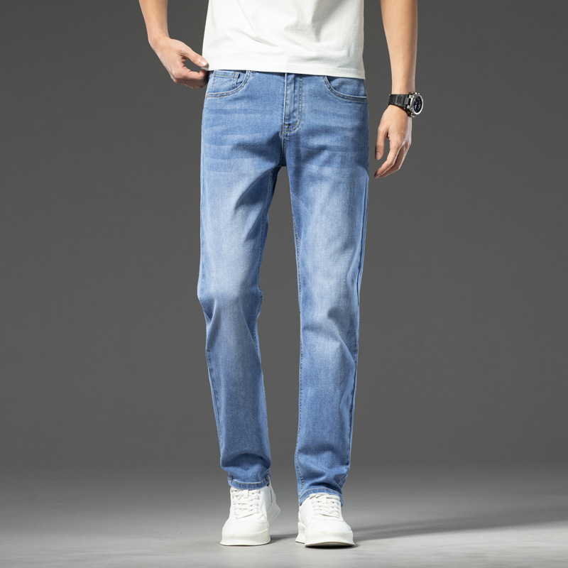 Trendy cotton casual straight leg jeans for men, 2026 new summer style, fashionable and versatile, loose fit, light color.
