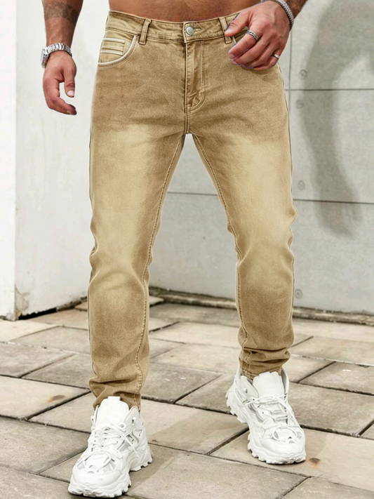 Men's Slim Fit Straight Leg Jeans in Dark Brown with Personalized Retro Design
