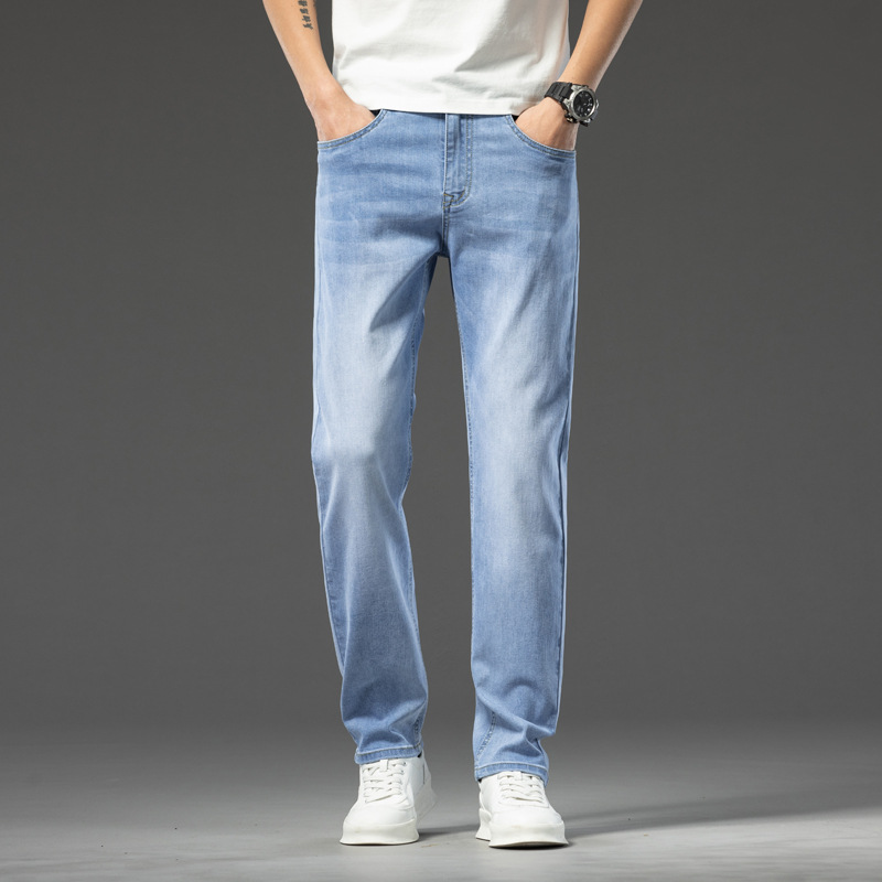 Trendy cotton casual straight leg jeans for men, 2026 new summer style, fashionable and versatile, loose fit, light color.