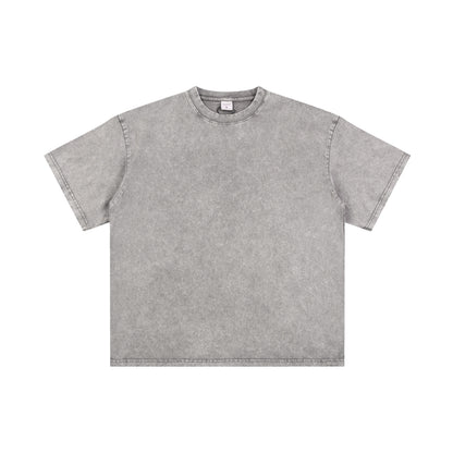 Men's T-shirt, casual solid color, high street wax printed water washed T-shirt
