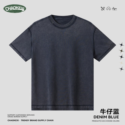 Men's pure cotton T-shirt with snowflake embroidery and reverse stitching.