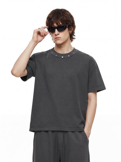 Men's Retro Washed Crew Neck Studded T-Shirt