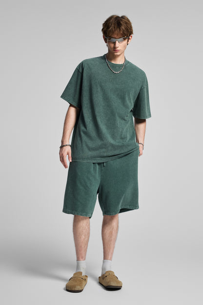 Men's T-shirt, casual solid color, high street wax printed water washed T-shirt