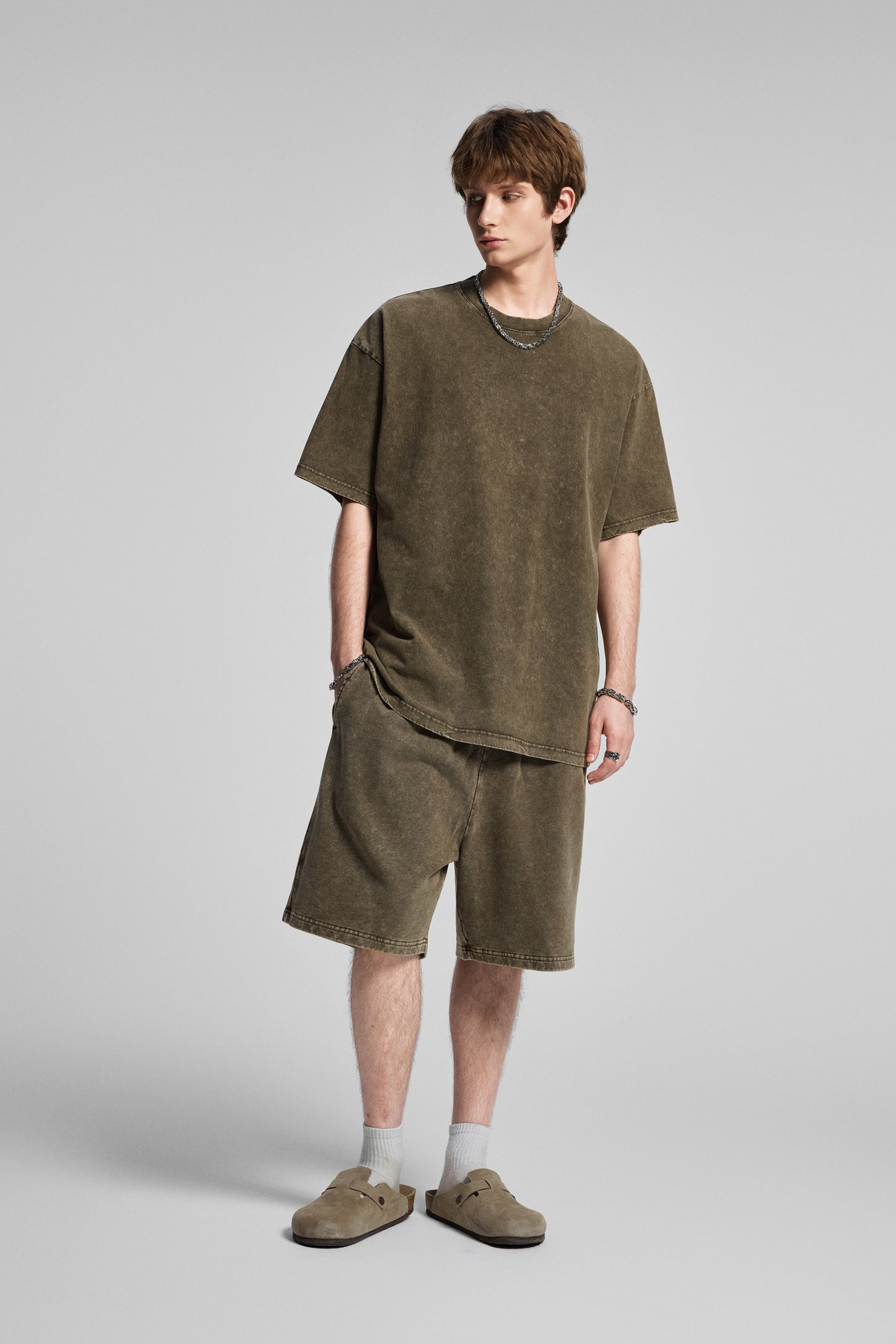 Men's T-shirt, casual solid color, high street wax printed water washed T-shirt