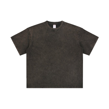 Men's T-shirt, casual solid color, high street wax printed water washed T-shirt